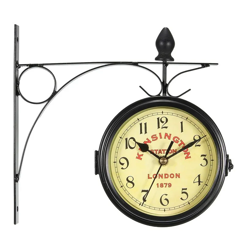 Vintage Decorative Double Sided Metal Wall Clock Antique Style Station Wall Clock Wall Hanging Clock Metal Frame for Christmas Y200110