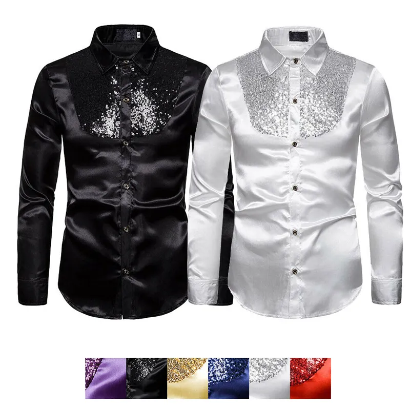 Camisas formales de esmoquin para fiesta para hombre, camisas de vestir de manga larga de satén similar a la seda para boda, ropa de otoño para hombre, Tops, camisa de lentejuelas