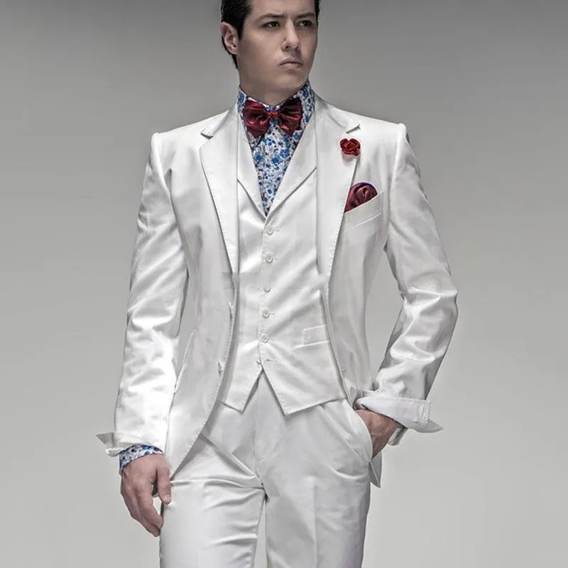 Branco Noivo Smoking Notch Lapel Homens Casamento Smoking Excelente Homens De Negócios Jantar Blazer Prom 3 Peça Terno (Jacket + Pants + Tie + Vest) 1170