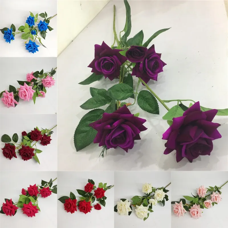 5 Flower Head Flannel Roses Single Branch Artificial Silk Rose Wedding ...