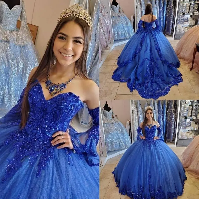 2020 Vintage Royal Blue Princess Ball Gown Quinceanera Klänningar Lace Applique Beaded Sweetheart Lace-up Corset Back Sweet 16 Dresses Prom