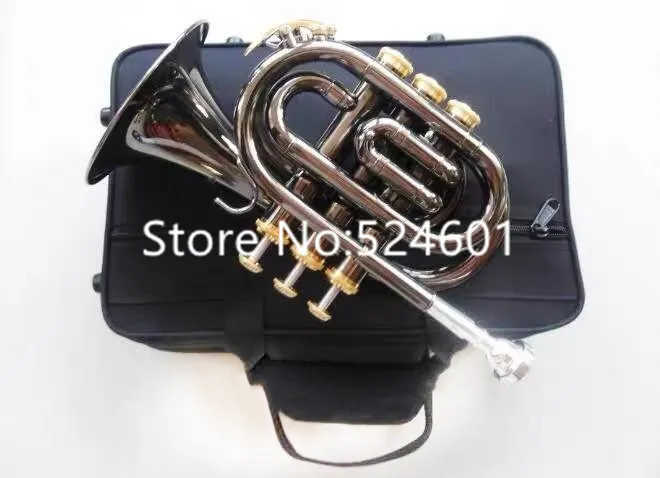 Hot Selling Mini Pocket Trumpet Bb Flat Black nickel Wind instrument with Mouthpiece Case Free Shipping