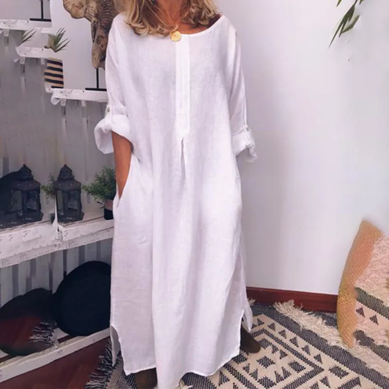 Vrouwen Katoen Linnen Oversized Maxi Jurk Witte Zakken O-hals Effen Lange Jurken Lente Zomer 2020 Mode Losse Kleding Vrouw t200415