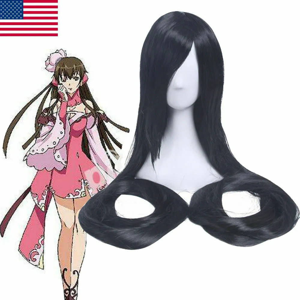 Tamanho: sintética ajustável Eruda Chobits extra longa reta Bangs Cabelo Perucas Preto Anime Cosplay peruca completa Comprimento: 150 centímetros