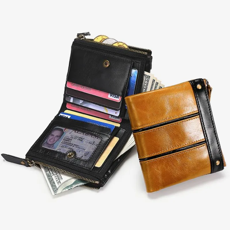 purse Antithef Men Wallets Oil Wax Genuine Leather Male Short Wallet Zippers and Hasp Man`s Purse With Coin Pockets Card Holders mens wallet