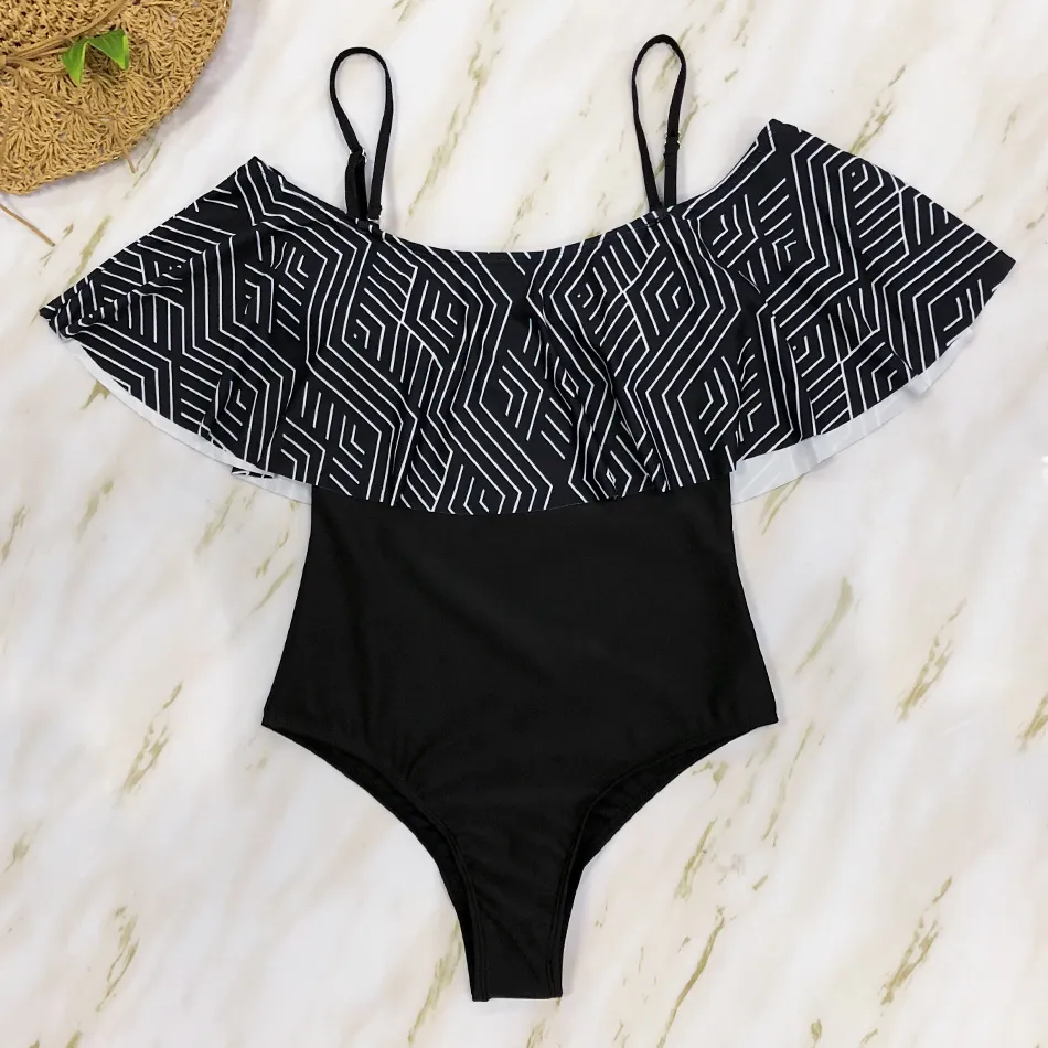 Black Lace Flounce Off Shoulder Monokini Strapless One Piece
