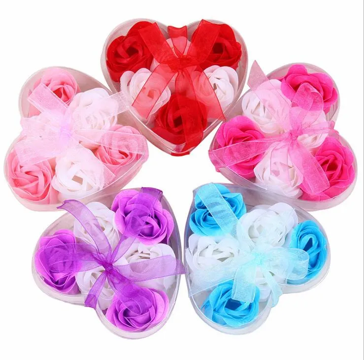 wholesale Mix Colors Heart-Shaped 100% Natural Rose Soap Flower Romantic Hand-made Bath Soap Gift (6pcs=one box)