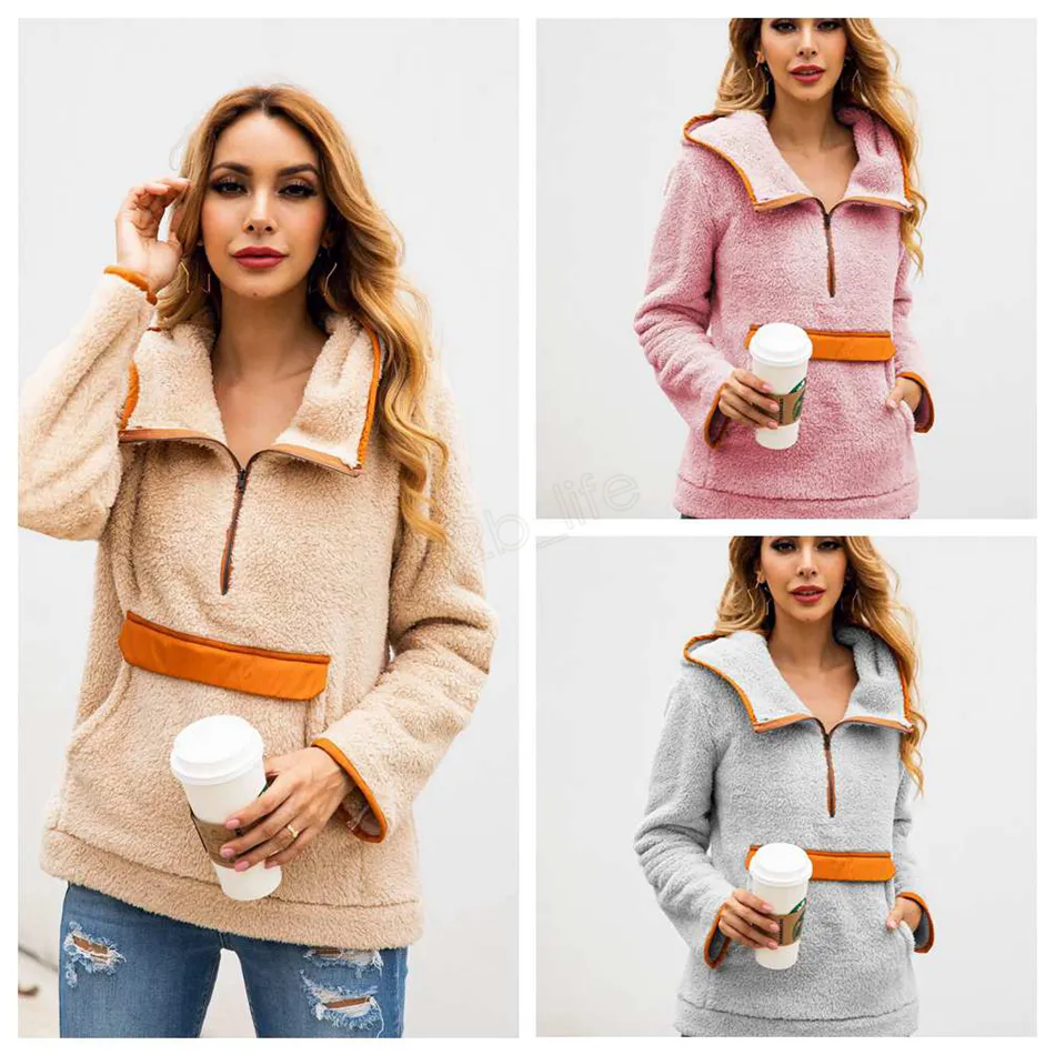 Kvinnor Patchwork Pullover Långärmad Zipper Sherpa Sweatshirt Soft Fleece Hooded Outwear med fickor Toppar Hoodies Coat LJJA2863