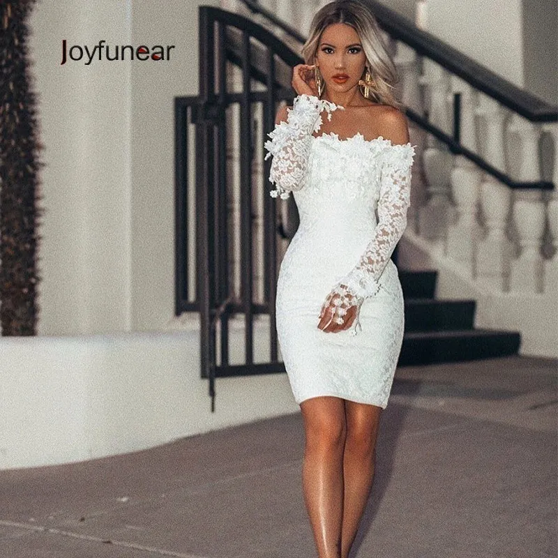 Joyfunear 2019 Haftowa koronkowa biała sukienka Kobiet Bodycon Party Sexy Sukienki Troczystość Płatka Przezroczysta mini elegancka sukienka vestidos