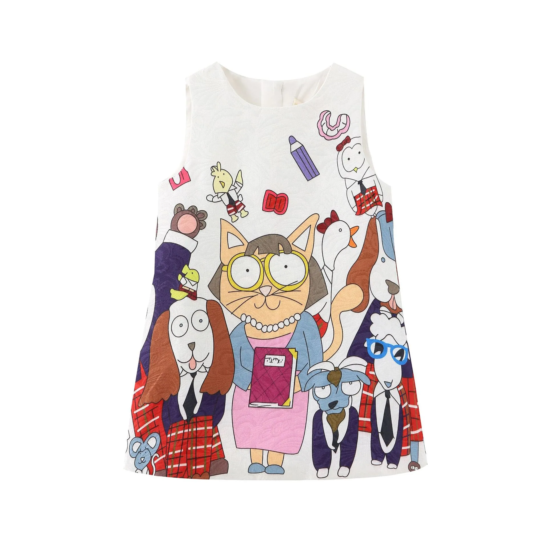 Gilrs Princess Dresses Söt katter Skriv ut Rund Neck Barn Klänning Barn Julklapp A-Line Cartoon Dog Printed Jacquard Designer Kläder Varumärke Partihandel