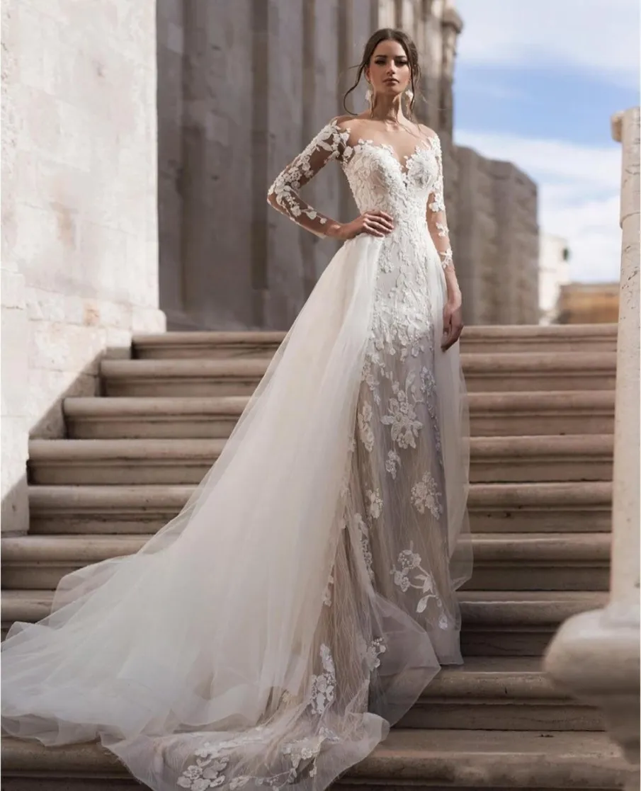 2022 Sheer Neck maniche lunghe in pizzo sirena abiti da sposa con gonna staccabile tulle applique Sweep Train abiti da sposa robes de m298S