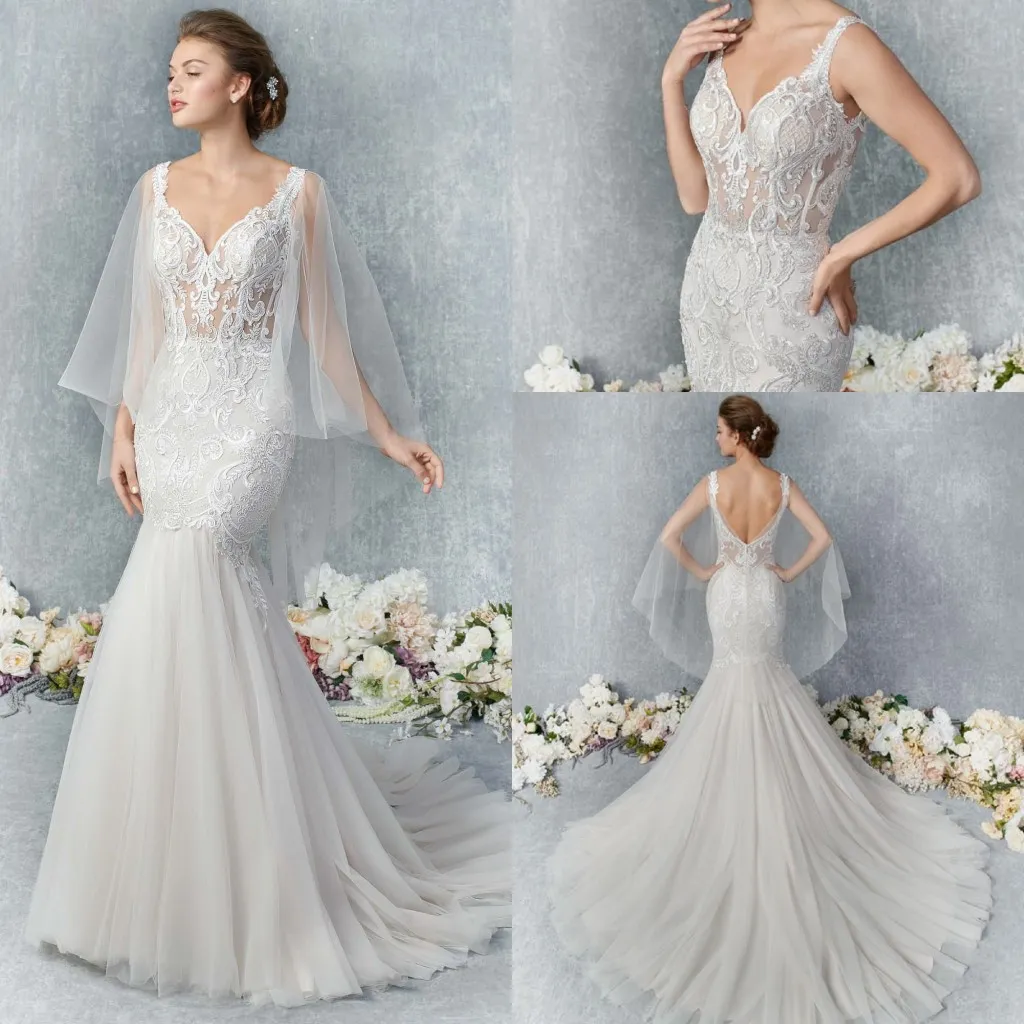 Sereia Kenneth Winston Vestidos de Noiva Sweetheart Sem Mangas Tule Lace Applique Ruched Vestido de Casamento Varredura Trem Robe de Mariée