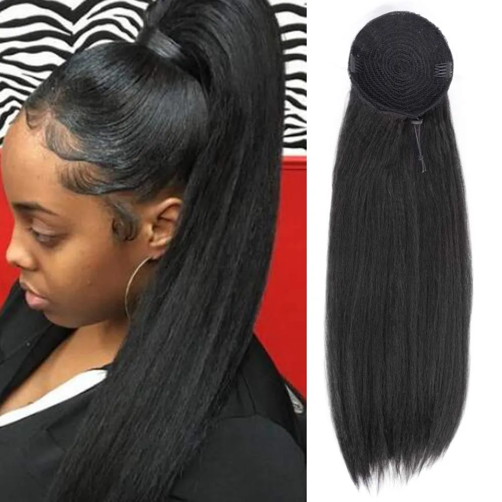 Кудрявый прямой хвостик для чернокожих женщин натуральный грубый яки прямые волосы Реми 1 шт. 140 г клип в хвостики черные 100% человеческие волосы