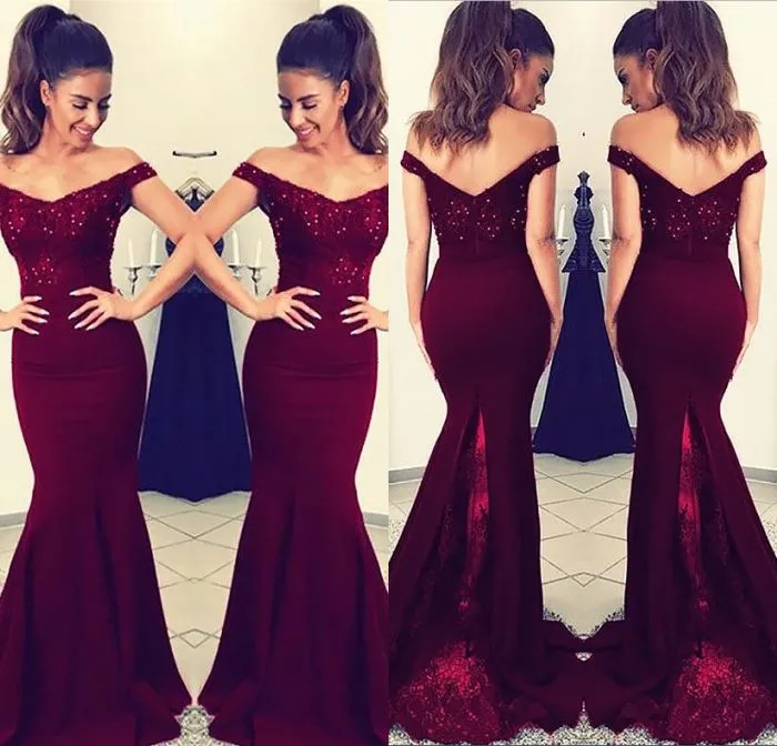 2019 New Design Mermaid Bridesmaid Dresses Sweep Train Chiffon Off The Shoulder Appliques Lace Beaded Cheap Wedding Guest Dresses