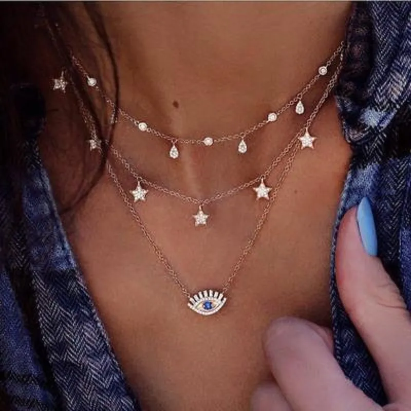 Vintage Star Evil Eye Pendant Necklaces for Women Crystal Bohemian Charm Multilayer Necklaces Collars Beach Party Statement Jewelry DHL