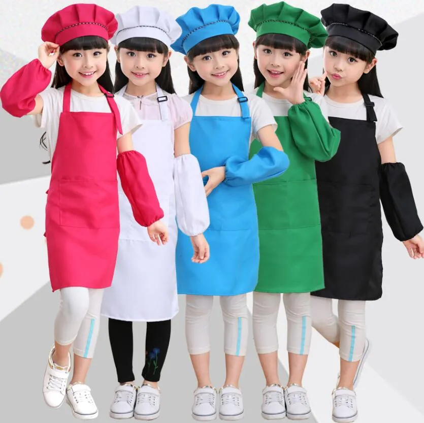 =Apron + hat + sleeve Kids Aprons Pocket Craft Cooking Baking Art Painting Kids Kitchen Dining Bib Children Aprons Kids Aprons 