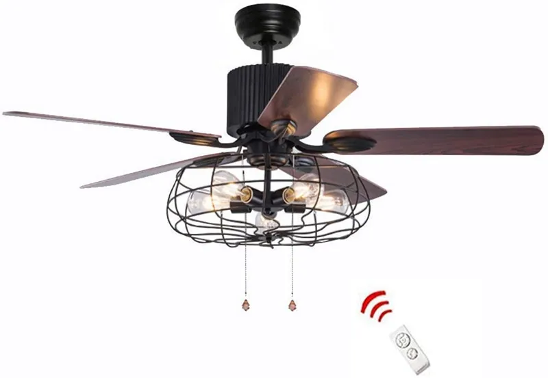 52 Ventilateur de plafond industriel rétro de 42 pouces avec lumière 5 ventilateur de lustre à lame réversible en bois Télécommande Fer Cage Pendentif Lumière Ventilateur