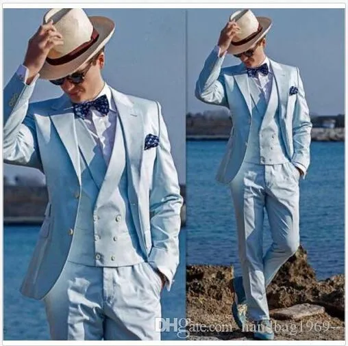 Nieuwe aankomsten Two Button Light Blue Groom Tuxedos Notch Revers Groomsmen Beste Man Past Heren Bruiloft Pakken (Jas + Broek + Vest + Tie) H: 539