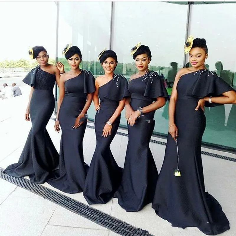 African Black Mermaid Bridesmaid Dresses With One Shoulder Satin