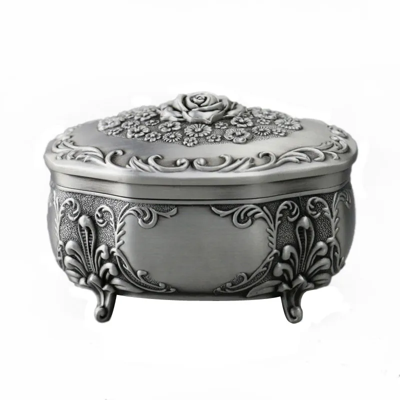 Romantic Oval Rose Carving Jewelry Case Jewellery Box Small Vintage Pewter Color Metal Trinket Casket for Ring Earrings Necklace Wedding Favors