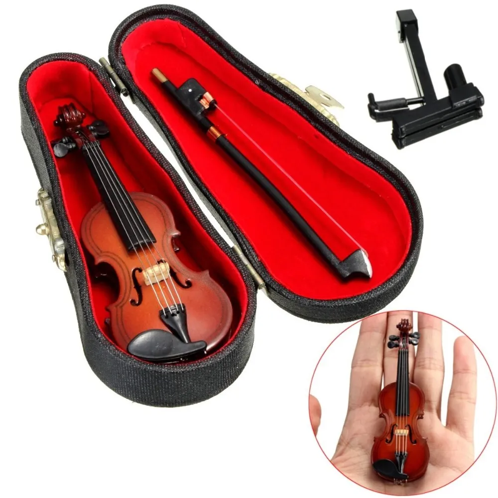 Ny mini violin uppgraderad version med support miniatyr trä musikinstrument samling dekorativa ornament modell