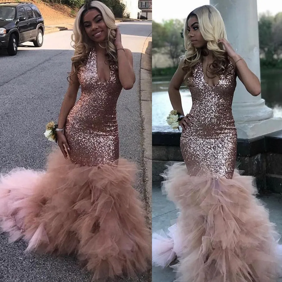 2020 New Sexy Black Girls Mermaid Pink Prom Dresses Sequined African ...