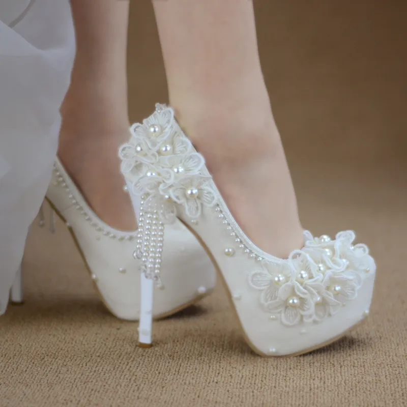 bride wedding dress shoes Princess lace white sweet flower tassel female womens shoes 6cm 8cm 11cm 14cm high heel Big size 43