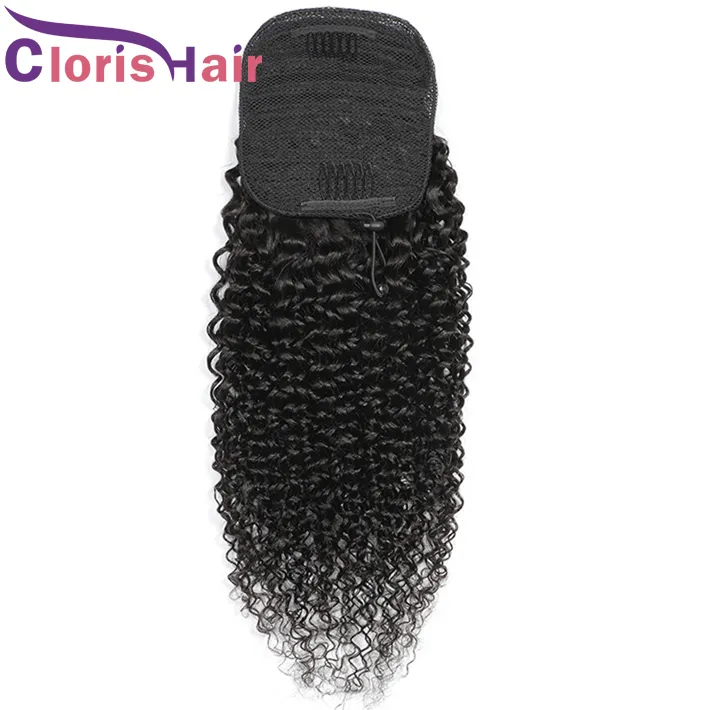 Drawstring Human Hair Ponytails Kinky Curly Brazilian Virgin Clip On Extensions With Clips In For Black Women Natural Curls Adjustable Pony Tail