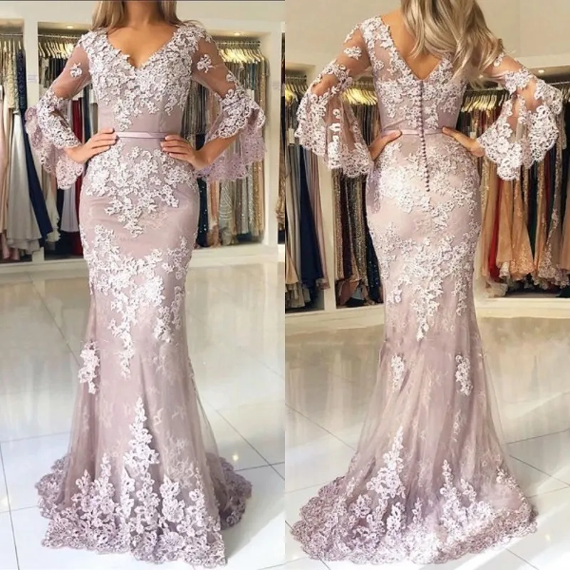 Summer 2019 Lace Mermaid Wedding Dress Beach Style V Neck Trumpet Bell Sleeves Appliqued Nude Pink Sweep Train Bridal Gowns