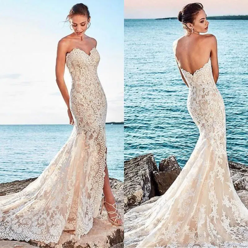 Designer Champagne fendus de mariage de plage Robes 2019 de dentelle sirène Robes de mariée train robe de mariée