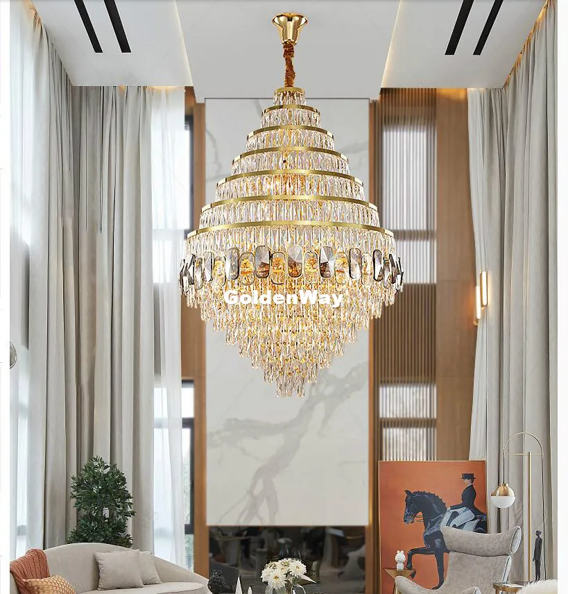 Роскошный золотой нержавеющей стали D60cm H100cm LED Кристалл подвесные светильники E14 Luminarias Столовая Лестница подвесная лампа светотехника