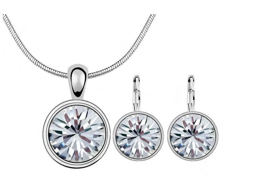 Ventes chaudes 18K Platine Plaqué Mode Costume Femmes Ensembles de Bijoux Véritable Cristal Autrichien Pendentif Rond Collier Boucles D'oreilles pour les femmes