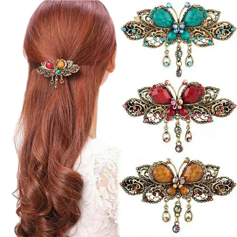 Vintage kadınlar turkuaz kelebek çiçek püskül saç tokaları saç klips kristal kelebek yay klipsör