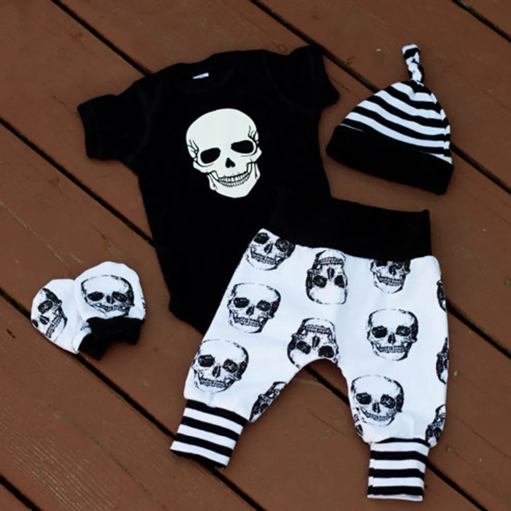 Puseky Autumn Halloween Skull Baby Clothes Newborn Infant Boy Girl Romper Tops Leggings Pants Hat Outfit 4 pcs 0-24M