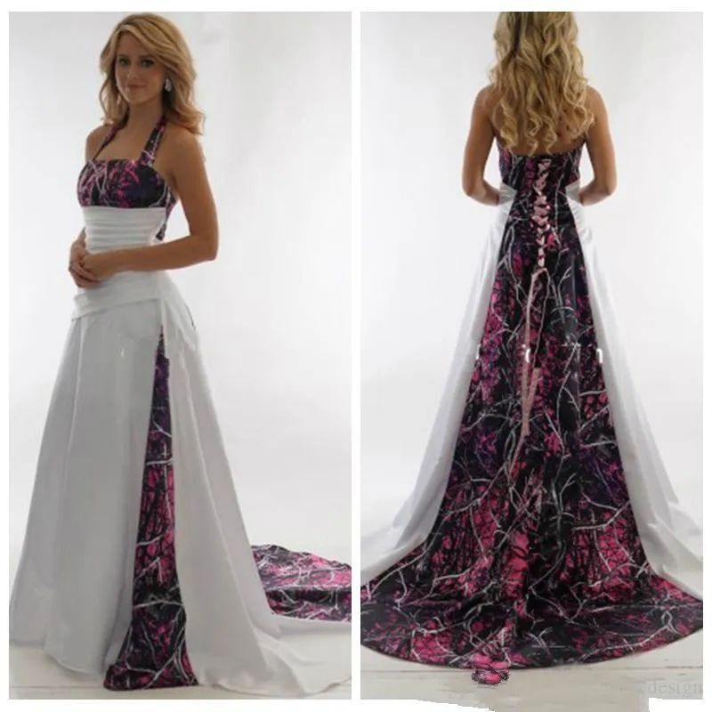 2020 Camo Bröllopsklänningar Sexig Halter Camouflage Custom Plus Size Bridal Gowns Beach Backless Sommar Bröllopsklänning