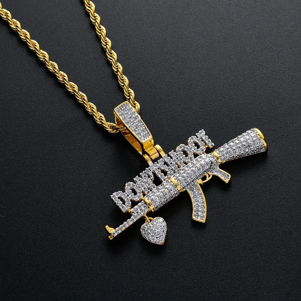 Pistolet en laiton CZ avec pendentif en forme de cœur, 4mm, chaîne de Tennis en option, collier pour hommes, bijoux cadeau CN130