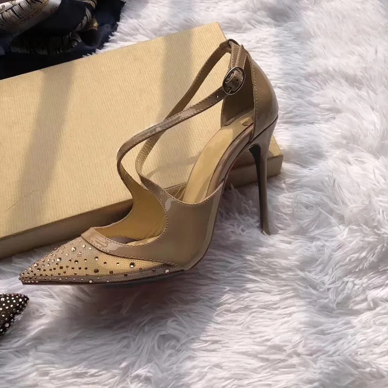 Venta caliente-tacones bombas Moda punta estrecha correa atada para Cristal tacones altos marca fiesta