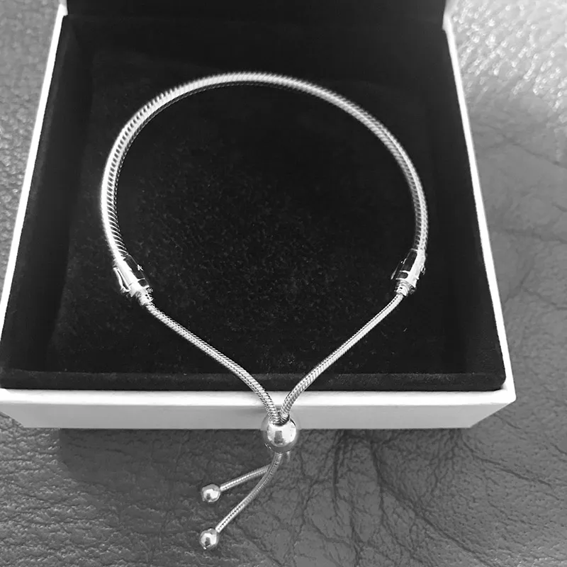 Sterling Silver Snake Chain Slider Armband Women Girls Wedding Jewelry for Pandora Justerbar storlek Charms Armband med Original203o