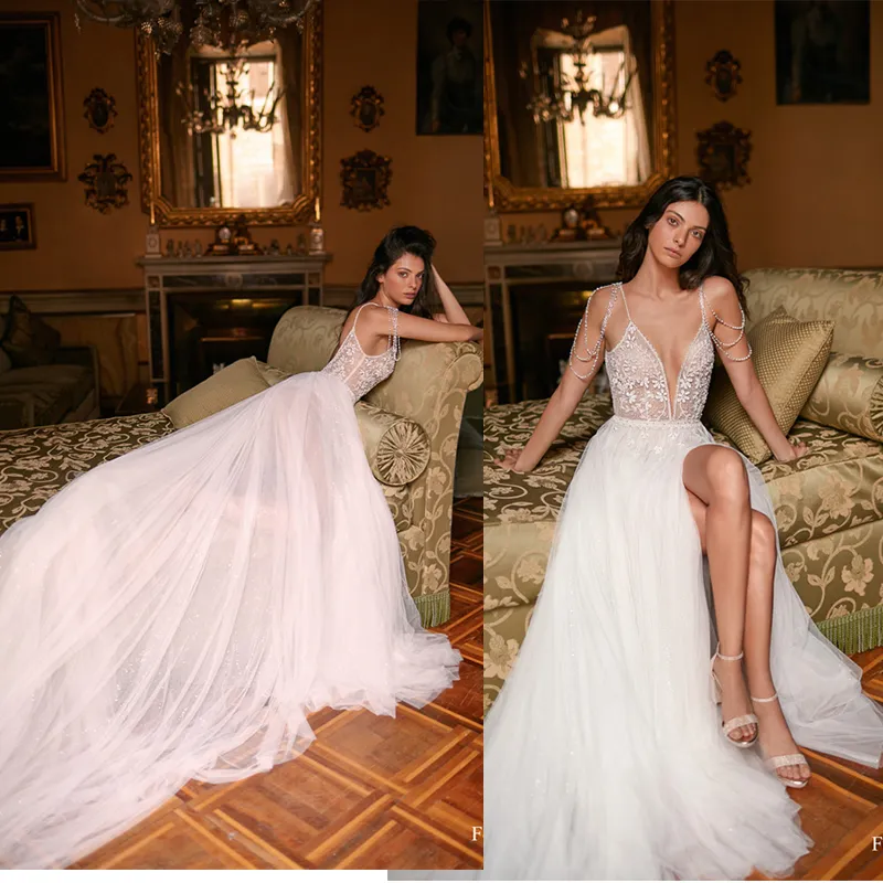 Gali Karten Split A Line Wedding Dress Crystal Appliques Pearls Spaghetti Sleeveless Backless Wedding Dresses Sweep Train Boho Bridal Gowns