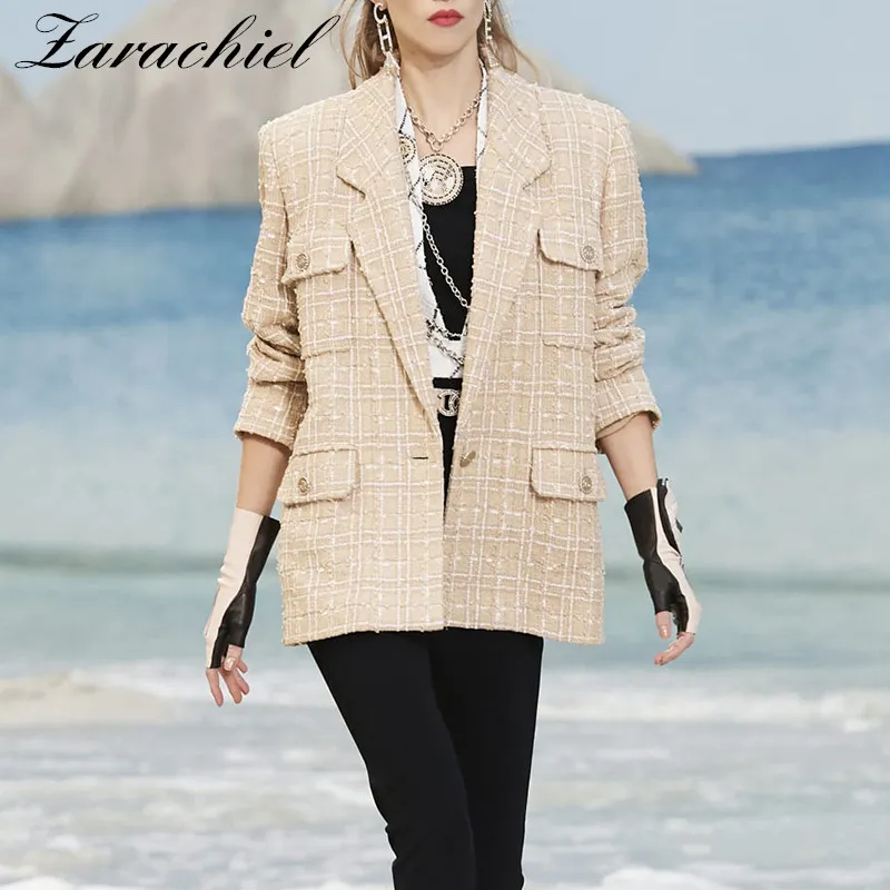 Designer Runway Tweed Wool Jacket Coat 2019 Autumn Winter Women Notched Single-button Golden Small Suits Plaid Pocket Outerwear