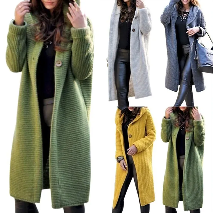 Women s Solid Hooded Long Cardigan Sweater Coat Knitted Jumper Plus Size 5XL