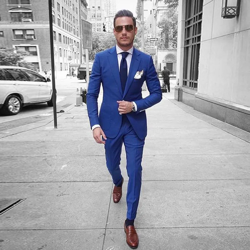 Royal Blue Men Suits Slim Fit Notched Revers Bruiloft Pakken Voor Mannen Met Jas Broek Goedkope Bruidegom Tuxedos Twee stukken Blazers