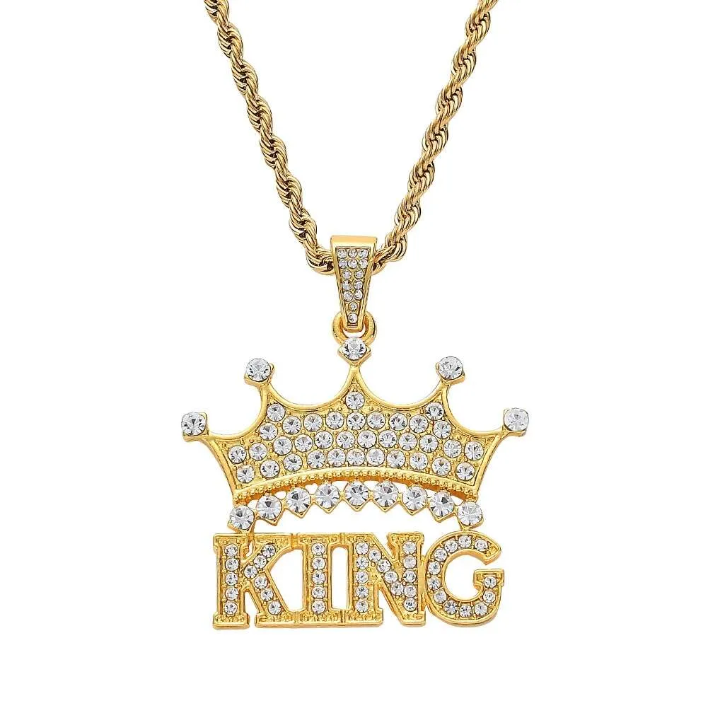 Fashion-crown king diamonds pendant necklaces for men women luxury letters pendants alloy rhinestone chain necklace gold silver jewelry