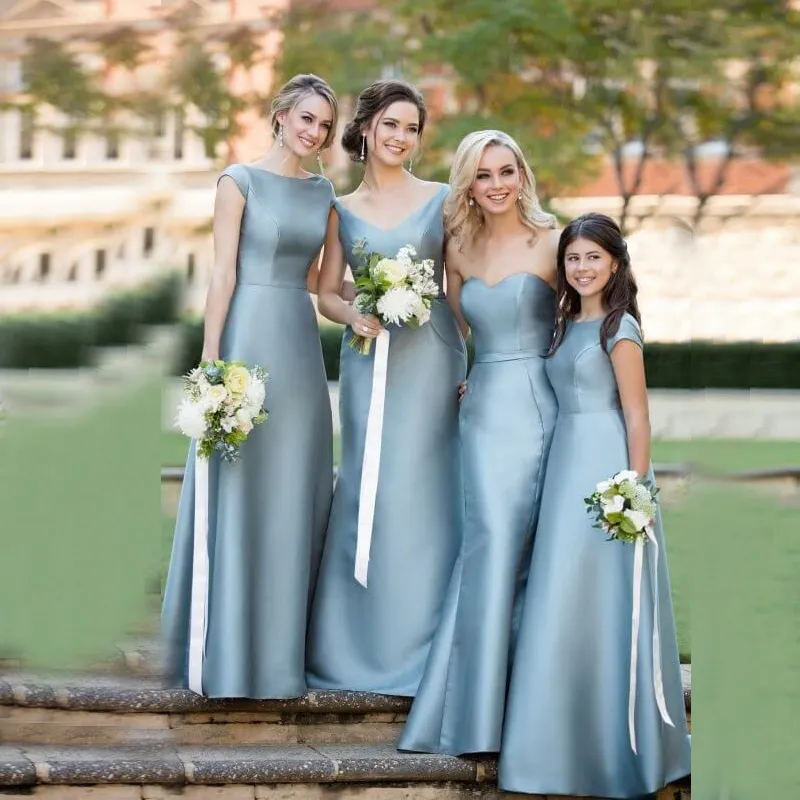 Maßgeschneiderte lange Brautjungfernkleider 2019 U-Ausschnitt, Flügelärmel, Band und Schärpe, Hochzeitsgastkleid, bodenlang, Satin, formelle Kleider