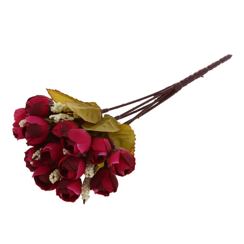 Tela de seda de flores artificiales de 15 cabezas Mini Rose Decoración para bodas pequeñas rosas ramo de la decoración (otoño de vino tinto)