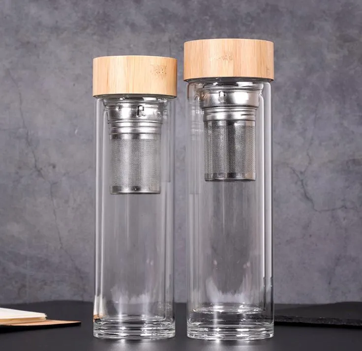 450ml竹のふたの水のカップ二重壁のガラス茶タンブラーと注入器のバスケットのガラスの水のボトルSN655