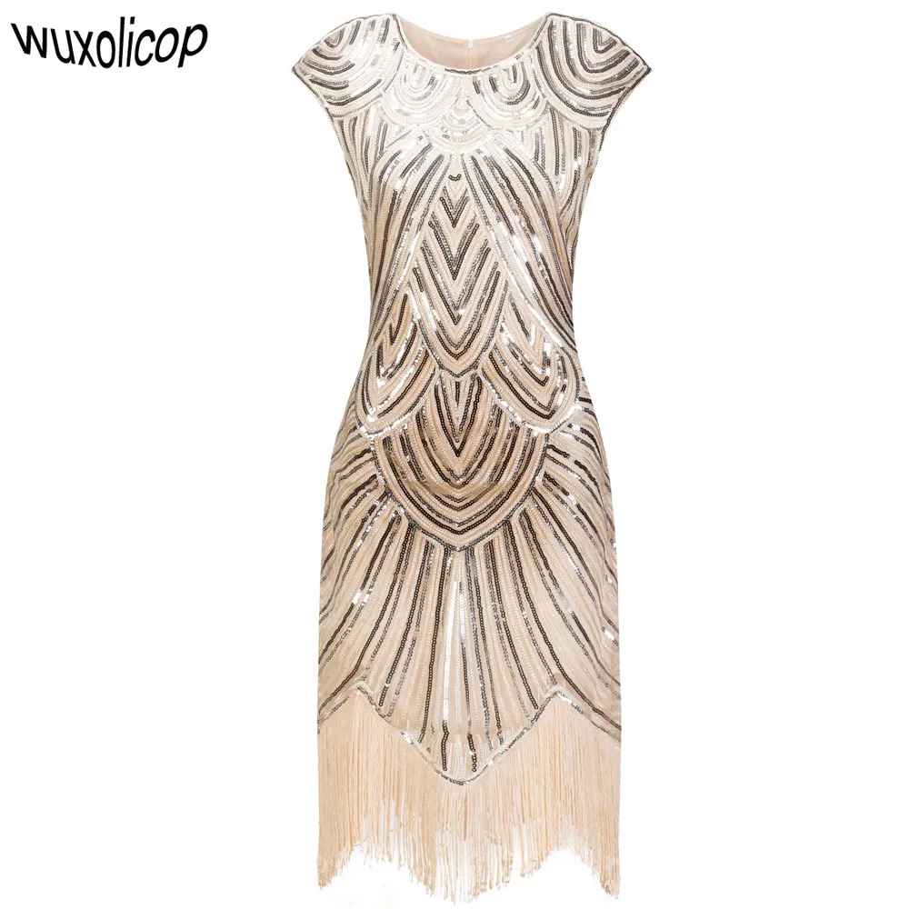 Vintage 1920s Flapper Great Gatsby Dress O-Neck Cap Sleeve Sequin Fringe Party Midi Dress Summer Women Vestido de Festa