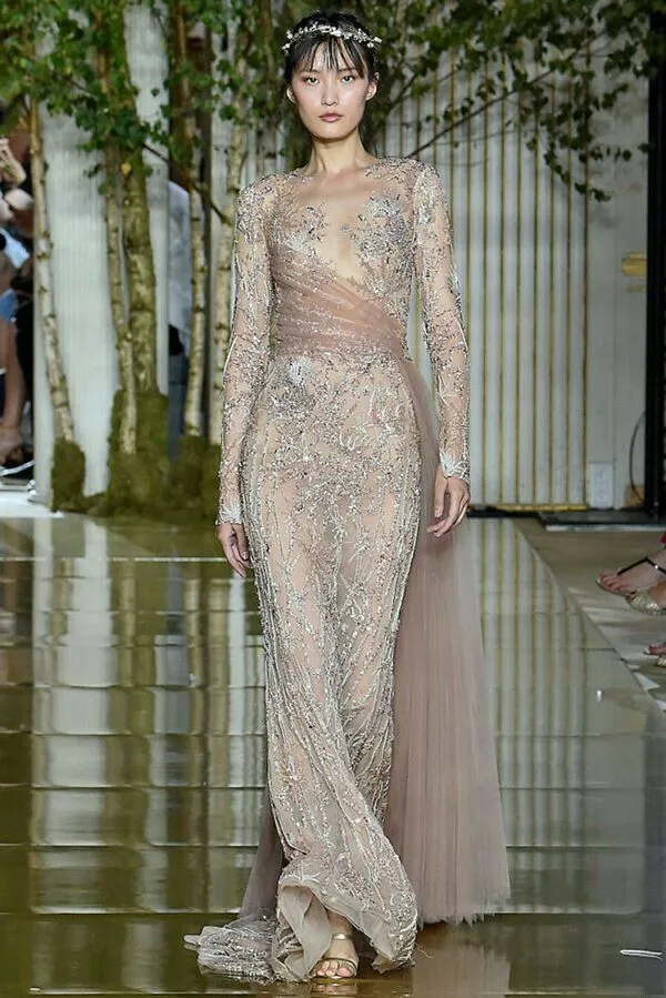 Vestido de noite Ziadnakad manga longa o pescoço de sereia prata cristal zuhair murad yousef aljasm kim kardashian kylie jenner 028