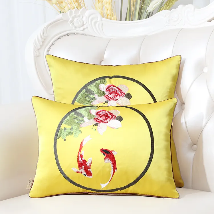 Latest Embroidery Koi Fish Joyous Silk Cushion Cover Pillow Case Christmas Home Decoration Sofa Chair Chinese style Luxury Pillow Cover