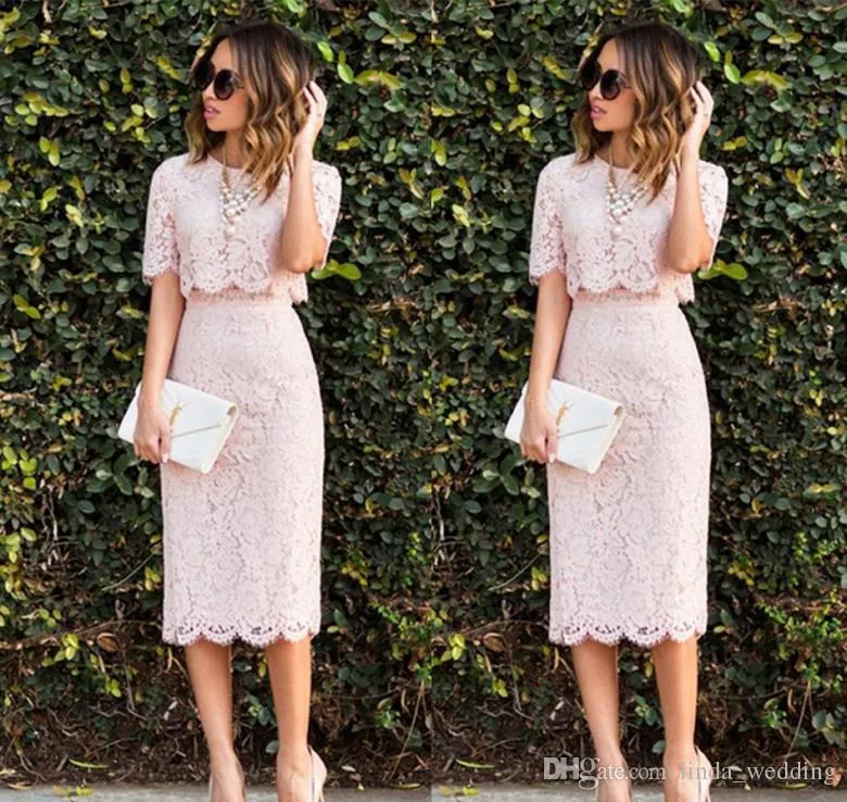 2019 Cheap Tea Length Lace Pink Cocktail Dress Sheath Two Pieces Short Holiday Club Wear Homecoming Party Dress Plus Size Custom Make